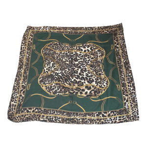 VTG Turkish Gold Green Animal Print Scarf Cotton Knit 36" sq Maximalism Lux EUC
